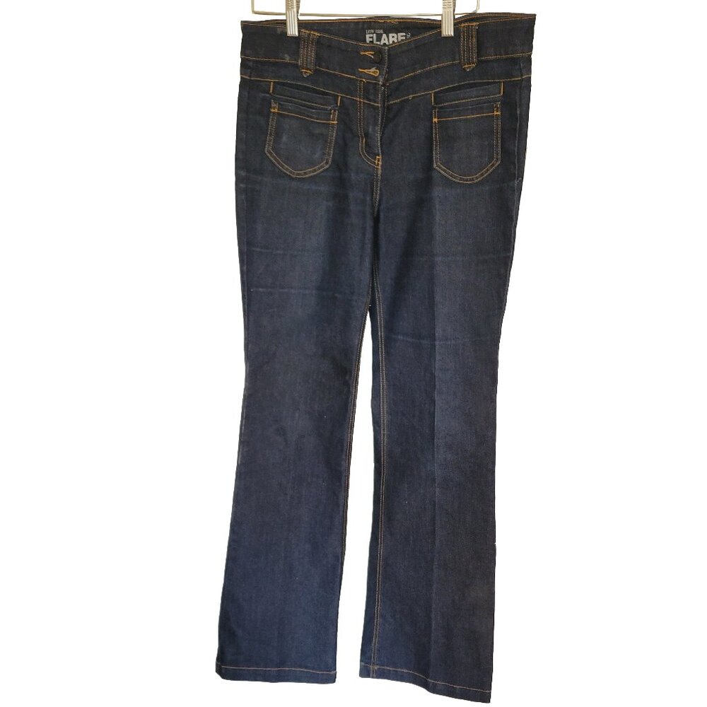 NY&C Low Rise Flare Stretch Denim Jeans Gold Stiches Women's Size 10 Tall 34x34"